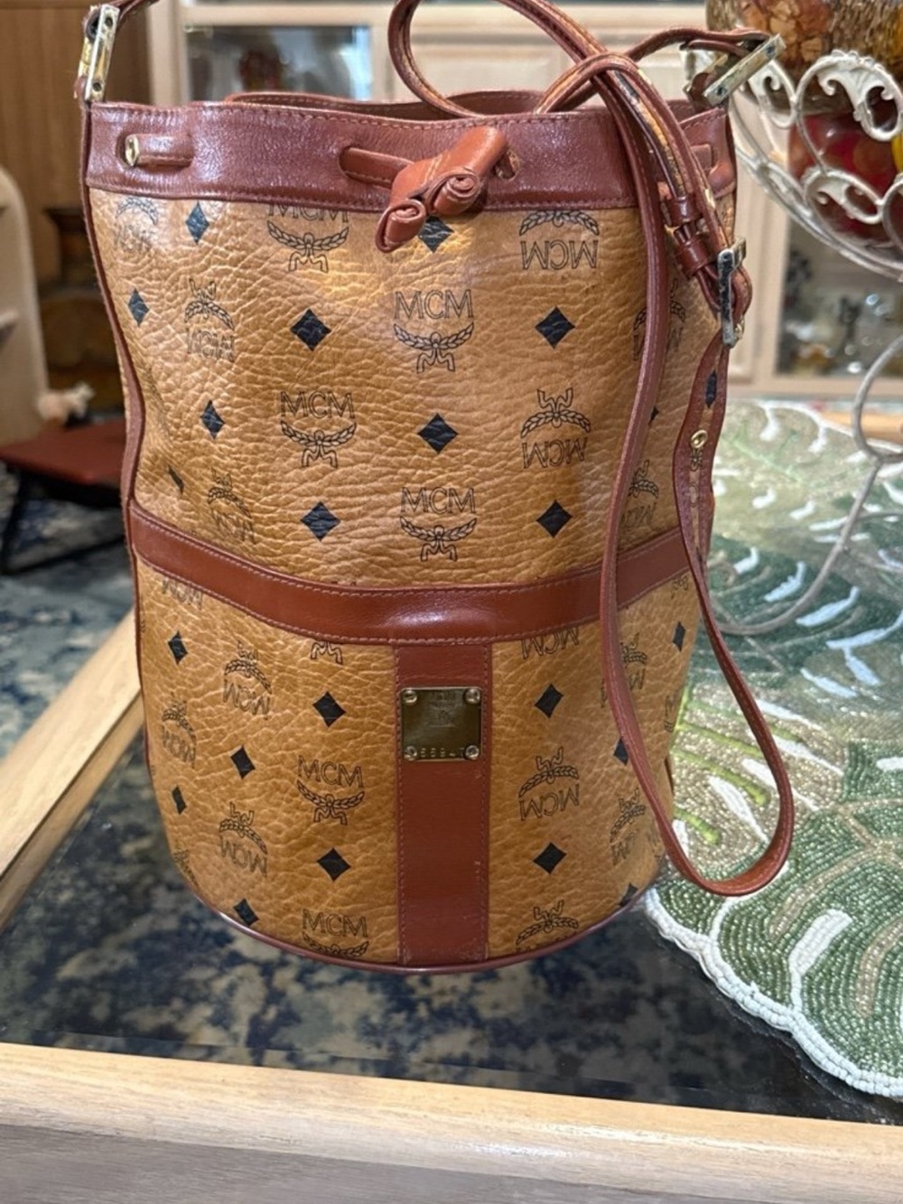 Vintage Germany made **MCM Cognac Logo Visetos Bucket Bag with Brown Leather Tri